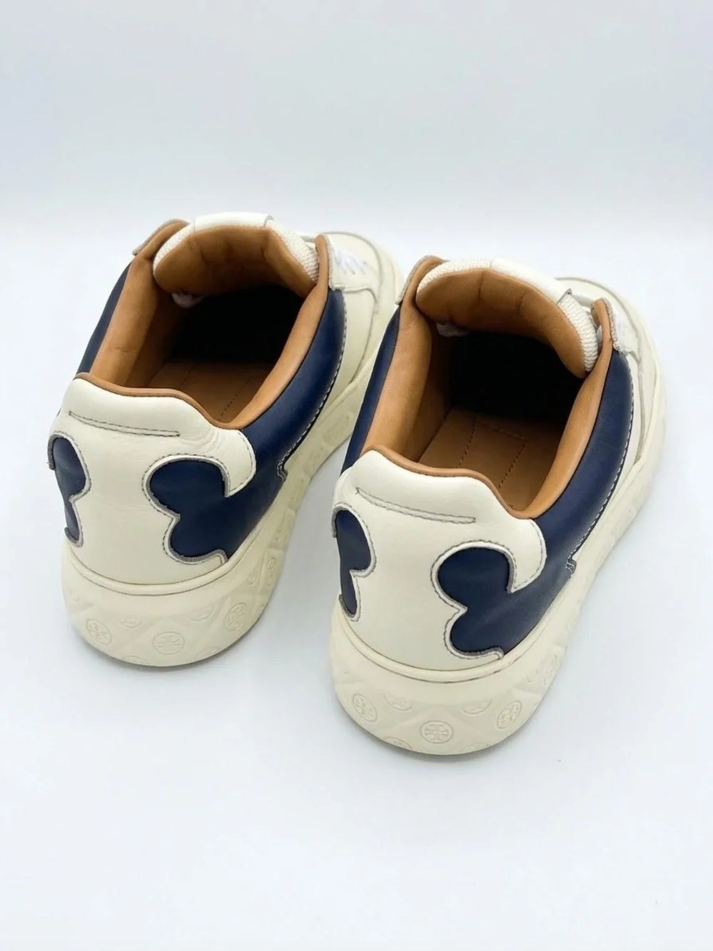 Tory Burch Tan, Navy & Cream Knit Leather Low-Top Sneakers